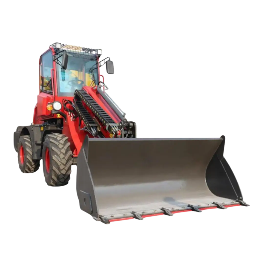Cargador frontal de color rojo con cabina cerrada y pala de gran capacidad. Equipado con neumáticos resistentes y sistema hidráulico reforzado, ideal para movimientos de tierra, carga de materiales y operaciones en construcción, minería y agroindustria.