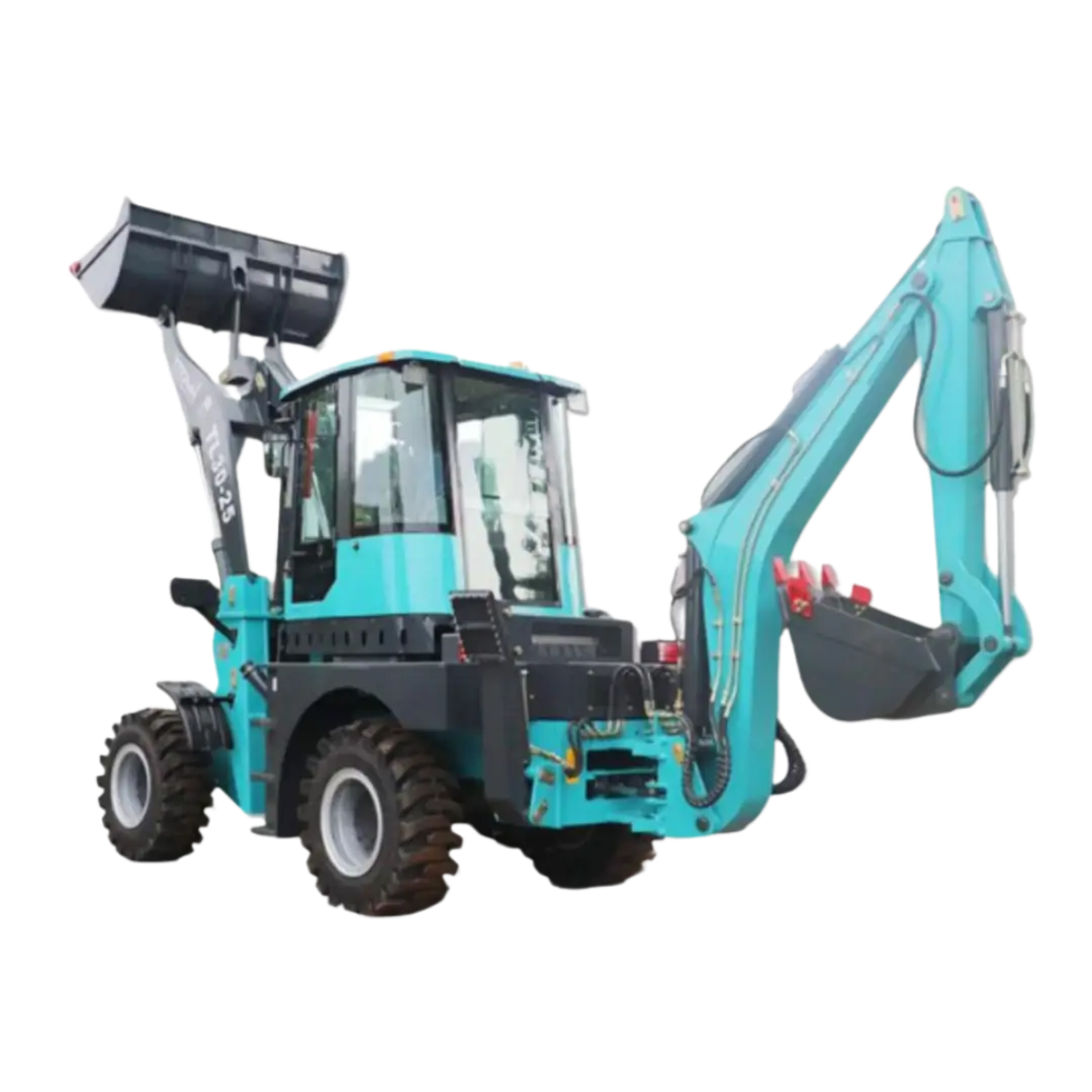 Retroexcavadora multifuncional de color azul con cabina cerrada, pala frontal y brazo excavador trasero. Equipada con neumáticos de gran tracción y sistema hidráulico avanzado, ideal para trabajos de construcción, excavación y movimiento de materiales en diferentes tipos de terreno.