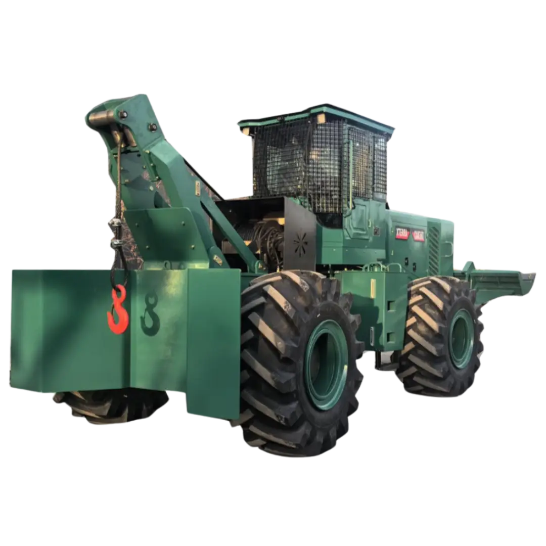 Tractor forestal de color verde con cabina protegida y neumáticos de gran tracción. Equipado con un gancho de arrastre reforzado, ideal para trabajos en terrenos difíciles, recolección y transporte de troncos en operaciones forestales y agrícolas.