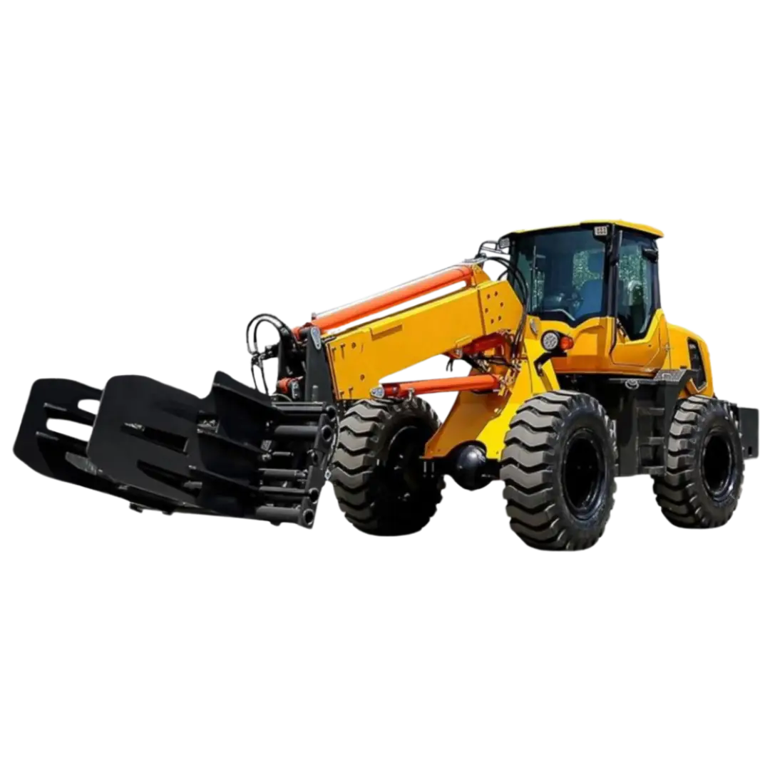 Cargador telescópico de color amarillo con cabina cerrada y grapa hidráulica. Diseñado para manipular materiales voluminosos como troncos y tuberías, cuenta con un brazo extensible y neumáticos de gran tracción, ideal para aplicaciones en construcción, agricultura y operaciones industriales.