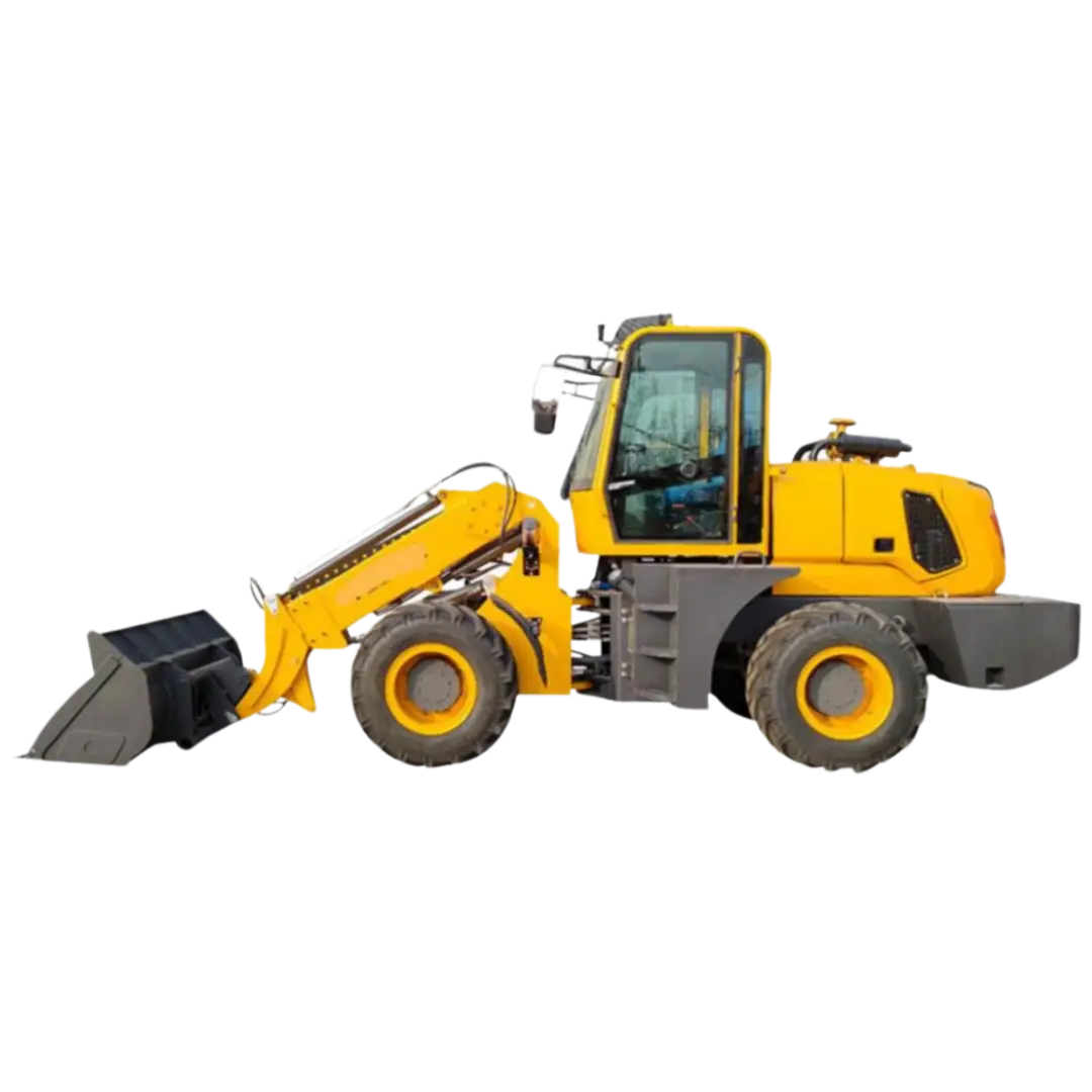 Cargador frontal compacto de color amarillo con cabina cerrada y pala reforzada. Equipado con neumáticos resistentes y sistema hidráulico avanzado, ideal para trabajos de carga y movimiento de materiales en construcción, minería y agricultura.