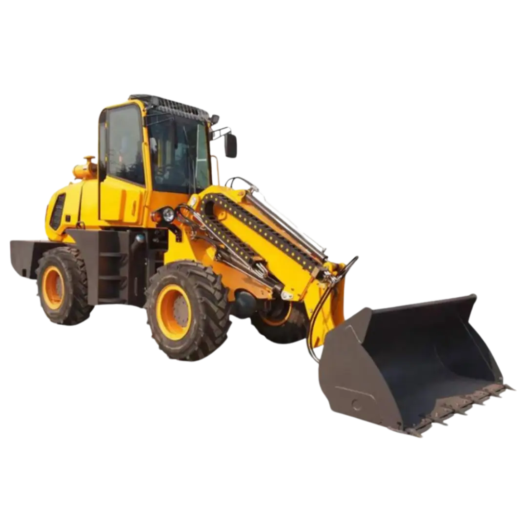Cargador frontal de color amarillo con cabina cerrada y pala reforzada con dientes de corte. Equipado con neumáticos de alta tracción y sistema hidráulico potente, ideal para movimiento de tierra, carga de materiales y trabajos en construcción y minería.